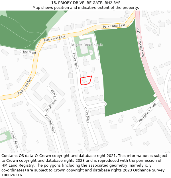 15, PRIORY DRIVE, REIGATE, RH2 8AF: Location map and indicative extent of plot