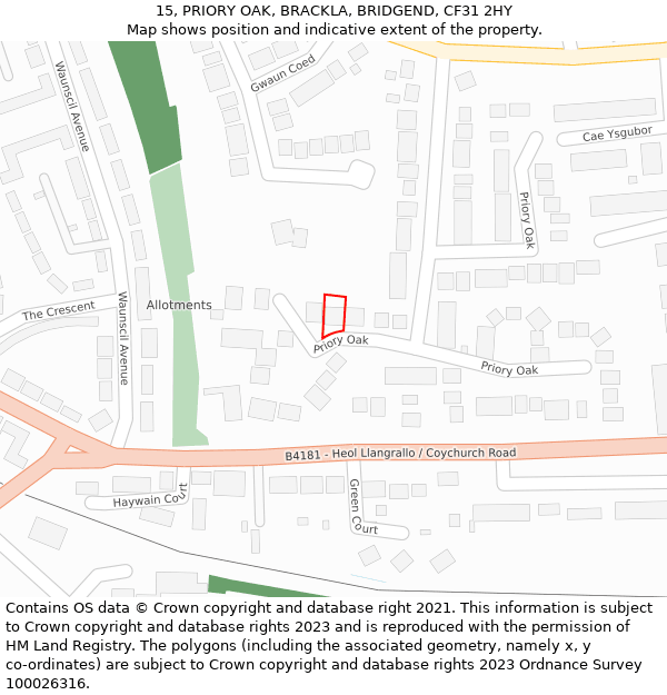 15, PRIORY OAK, BRACKLA, BRIDGEND, CF31 2HY: Location map and indicative extent of plot