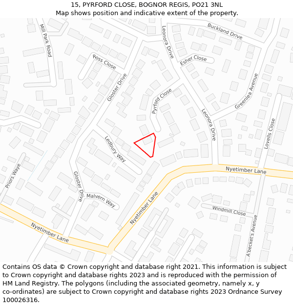 15, PYRFORD CLOSE, BOGNOR REGIS, PO21 3NL: Location map and indicative extent of plot