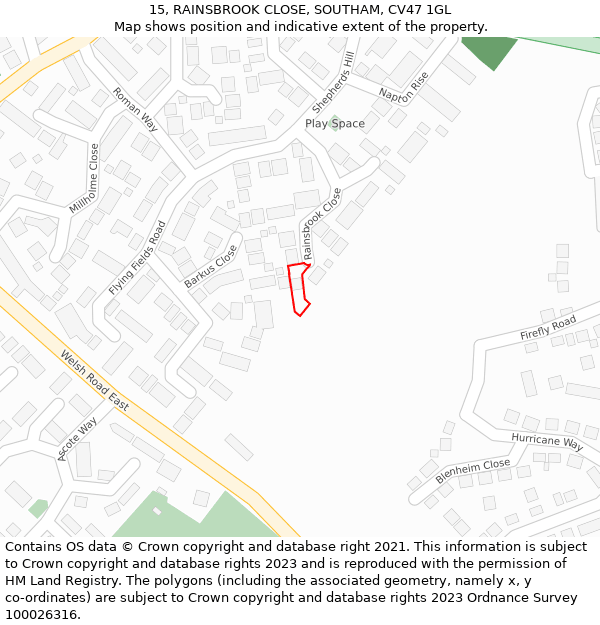 15, RAINSBROOK CLOSE, SOUTHAM, CV47 1GL: Location map and indicative extent of plot
