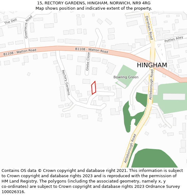 15, RECTORY GARDENS, HINGHAM, NORWICH, NR9 4RG: Location map and indicative extent of plot