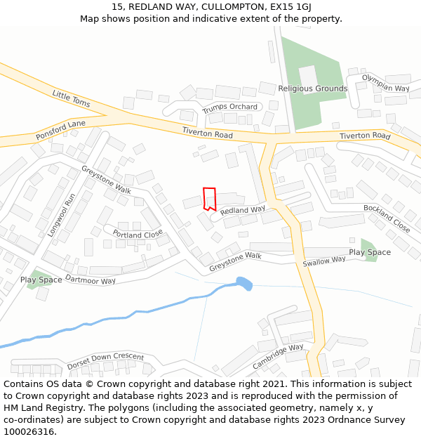 15, REDLAND WAY, CULLOMPTON, EX15 1GJ: Location map and indicative extent of plot