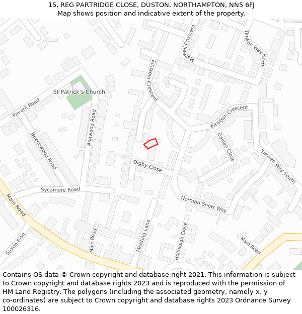 15, REG PARTRIDGE CLOSE, DUSTON, NORTHAMPTON, NN5 6FJ: Location map and indicative extent of plot