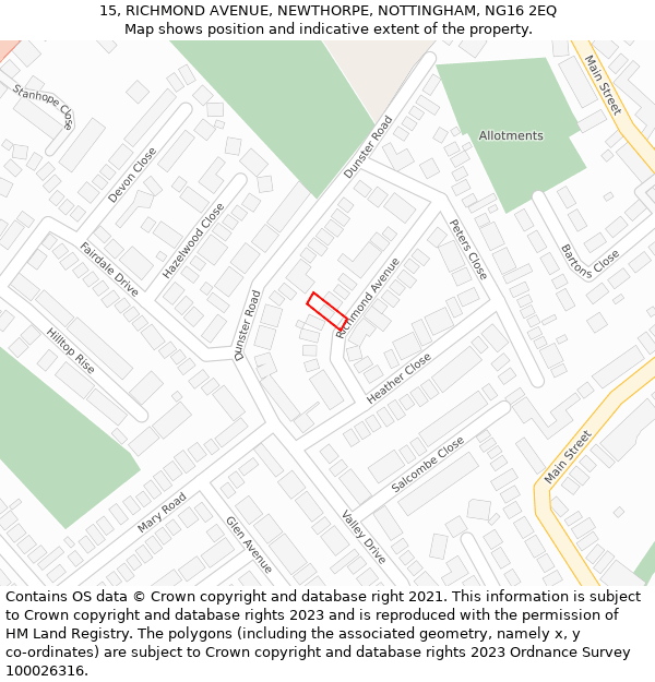 15, RICHMOND AVENUE, NEWTHORPE, NOTTINGHAM, NG16 2EQ: Location map and indicative extent of plot