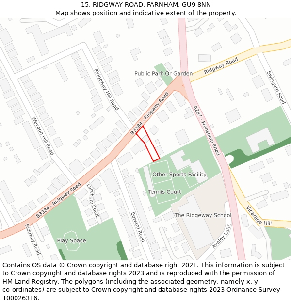 15, RIDGWAY ROAD, FARNHAM, GU9 8NN: Location map and indicative extent of plot