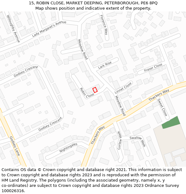 15, ROBIN CLOSE, MARKET DEEPING, PETERBOROUGH, PE6 8PQ: Location map and indicative extent of plot