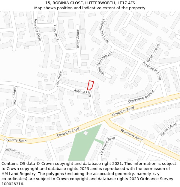 15, ROBINIA CLOSE, LUTTERWORTH, LE17 4FS: Location map and indicative extent of plot