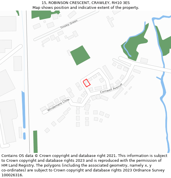15, ROBINSON CRESCENT, CRAWLEY, RH10 3ES: Location map and indicative extent of plot
