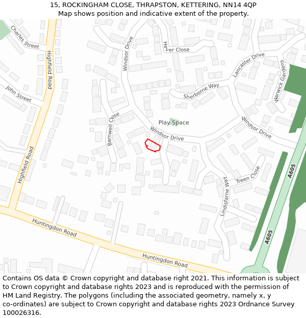 15, ROCKINGHAM CLOSE, THRAPSTON, KETTERING, NN14 4QP: Location map and indicative extent of plot