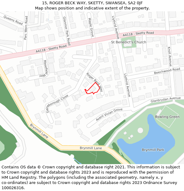 15, ROGER BECK WAY, SKETTY, SWANSEA, SA2 0JF: Location map and indicative extent of plot