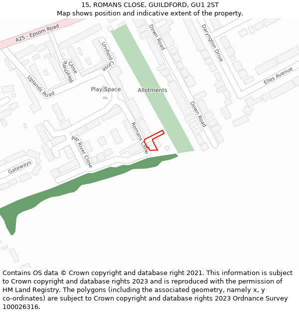 15, ROMANS CLOSE, GUILDFORD, GU1 2ST: Location map and indicative extent of plot