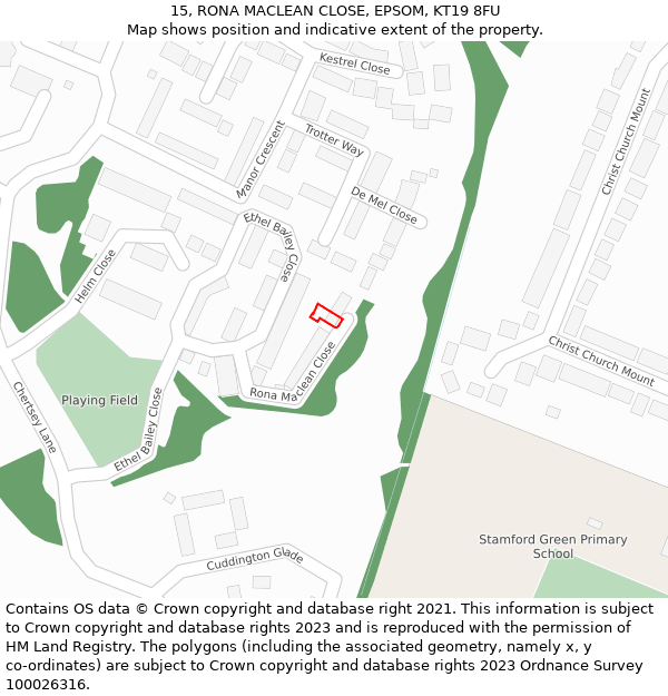 15, RONA MACLEAN CLOSE, EPSOM, KT19 8FU: Location map and indicative extent of plot