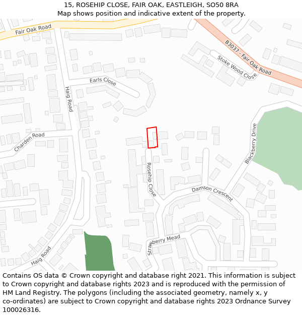 15, ROSEHIP CLOSE, FAIR OAK, EASTLEIGH, SO50 8RA: Location map and indicative extent of plot