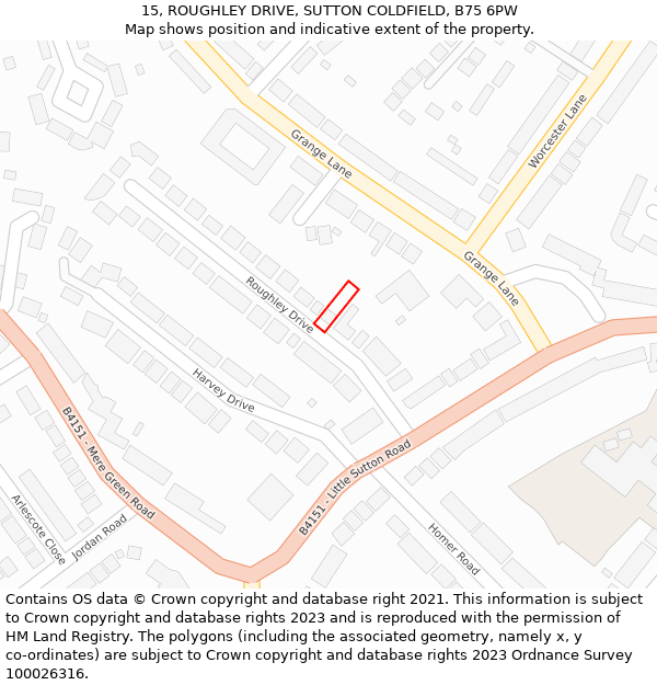 15, ROUGHLEY DRIVE, SUTTON COLDFIELD, B75 6PW: Location map and indicative extent of plot