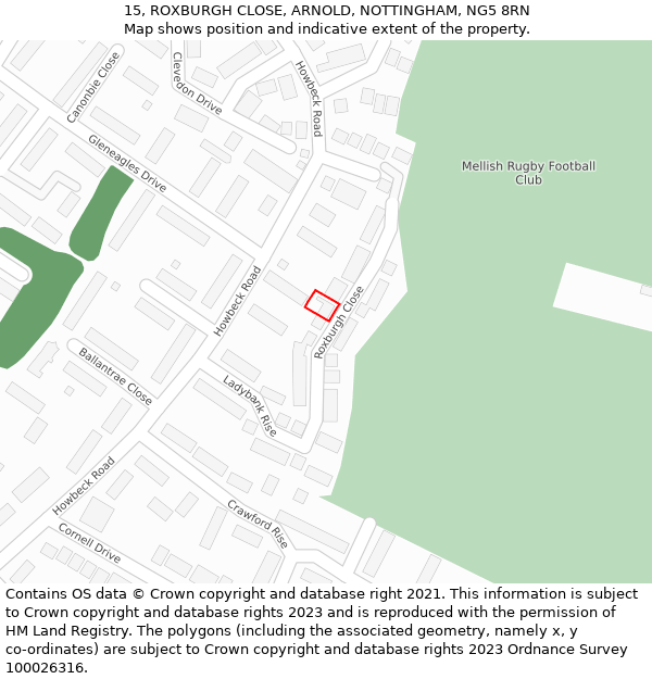 15, ROXBURGH CLOSE, ARNOLD, NOTTINGHAM, NG5 8RN: Location map and indicative extent of plot