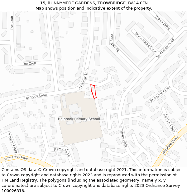 15, RUNNYMEDE GARDENS, TROWBRIDGE, BA14 0FN: Location map and indicative extent of plot