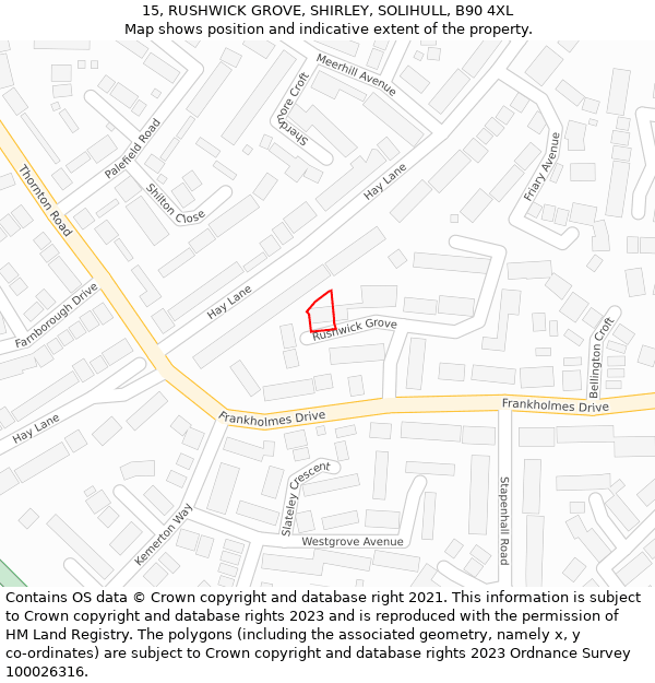 15, RUSHWICK GROVE, SHIRLEY, SOLIHULL, B90 4XL: Location map and indicative extent of plot