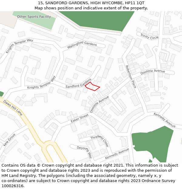 15, SANDFORD GARDENS, HIGH WYCOMBE, HP11 1QT: Location map and indicative extent of plot