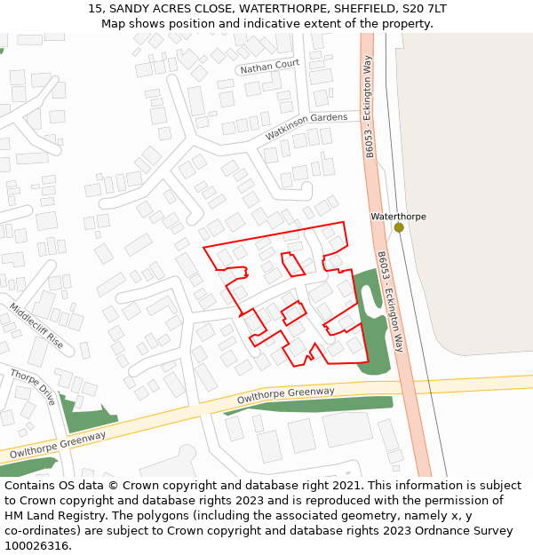 15, SANDY ACRES CLOSE, WATERTHORPE, SHEFFIELD, S20 7LT: Location map and indicative extent of plot