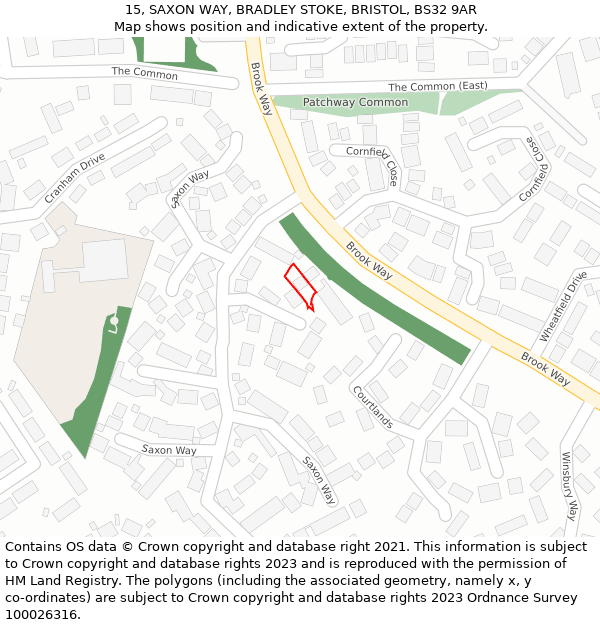 15, SAXON WAY, BRADLEY STOKE, BRISTOL, BS32 9AR: Location map and indicative extent of plot