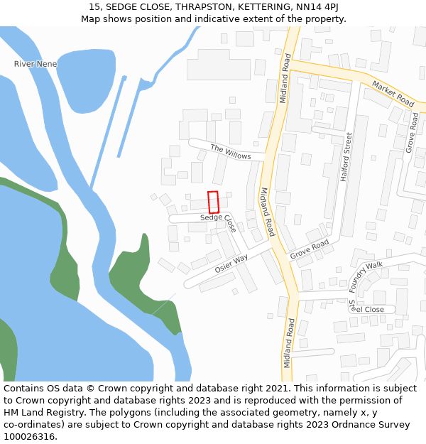 15, SEDGE CLOSE, THRAPSTON, KETTERING, NN14 4PJ: Location map and indicative extent of plot