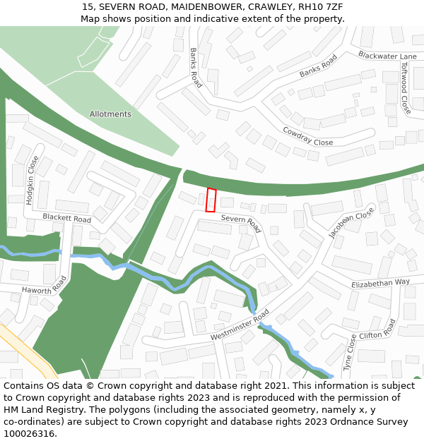 15, SEVERN ROAD, MAIDENBOWER, CRAWLEY, RH10 7ZF: Location map and indicative extent of plot