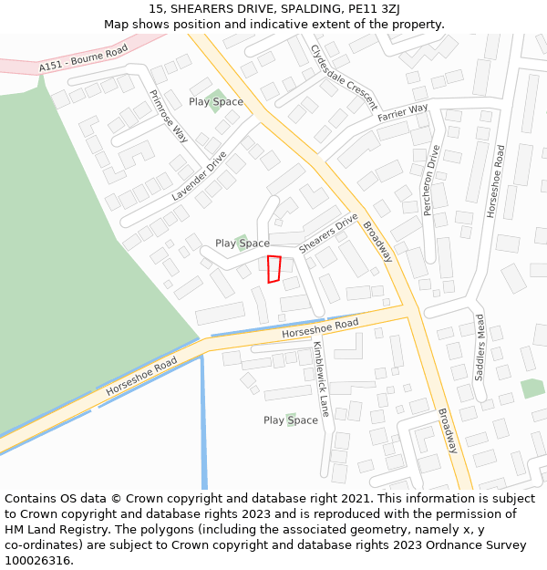 15, SHEARERS DRIVE, SPALDING, PE11 3ZJ: Location map and indicative extent of plot