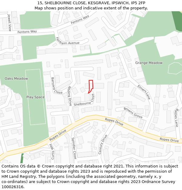 15, SHELBOURNE CLOSE, KESGRAVE, IPSWICH, IP5 2FP: Location map and indicative extent of plot