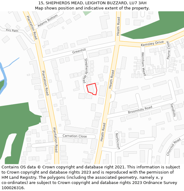 15, SHEPHERDS MEAD, LEIGHTON BUZZARD, LU7 3AH: Location map and indicative extent of plot