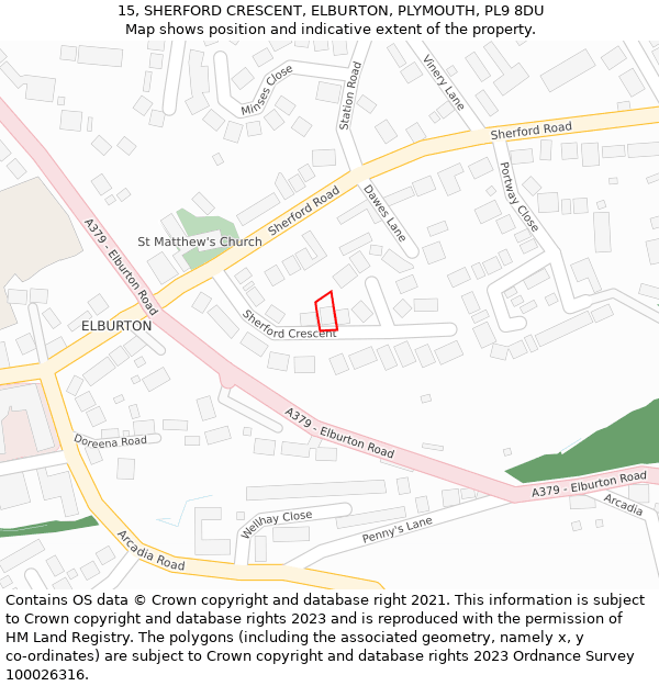 15, SHERFORD CRESCENT, ELBURTON, PLYMOUTH, PL9 8DU: Location map and indicative extent of plot