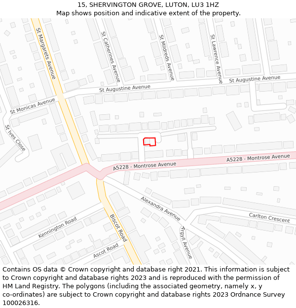 15, SHERVINGTON GROVE, LUTON, LU3 1HZ: Location map and indicative extent of plot