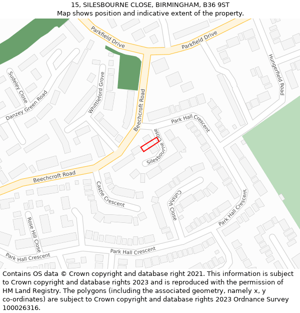 15, SILESBOURNE CLOSE, BIRMINGHAM, B36 9ST: Location map and indicative extent of plot