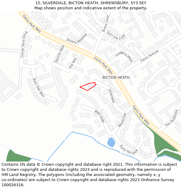 15, SILVERDALE, BICTON HEATH, SHREWSBURY, SY3 5EY: Location map and indicative extent of plot