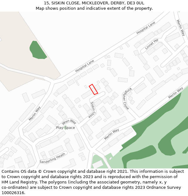 15, SISKIN CLOSE, MICKLEOVER, DERBY, DE3 0UL: Location map and indicative extent of plot