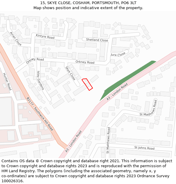 15, SKYE CLOSE, COSHAM, PORTSMOUTH, PO6 3LT: Location map and indicative extent of plot