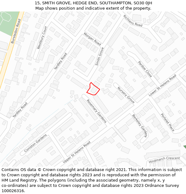 15, SMITH GROVE, HEDGE END, SOUTHAMPTON, SO30 0JH: Location map and indicative extent of plot