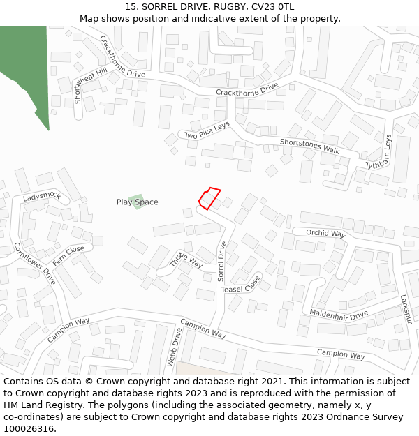 15, SORREL DRIVE, RUGBY, CV23 0TL: Location map and indicative extent of plot