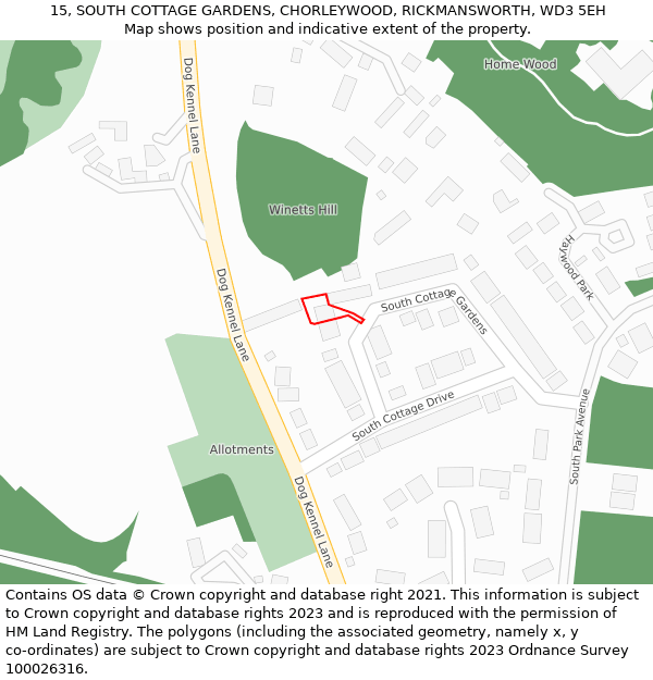 15, SOUTH COTTAGE GARDENS, CHORLEYWOOD, RICKMANSWORTH, WD3 5EH: Location map and indicative extent of plot