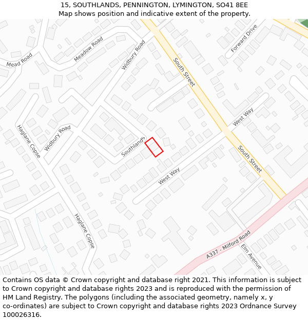 15, SOUTHLANDS, PENNINGTON, LYMINGTON, SO41 8EE: Location map and indicative extent of plot