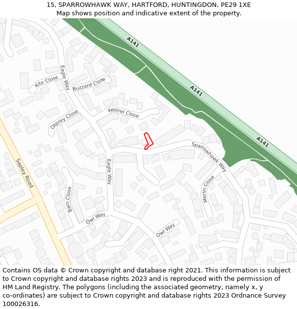 15, SPARROWHAWK WAY, HARTFORD, HUNTINGDON, PE29 1XE: Location map and indicative extent of plot