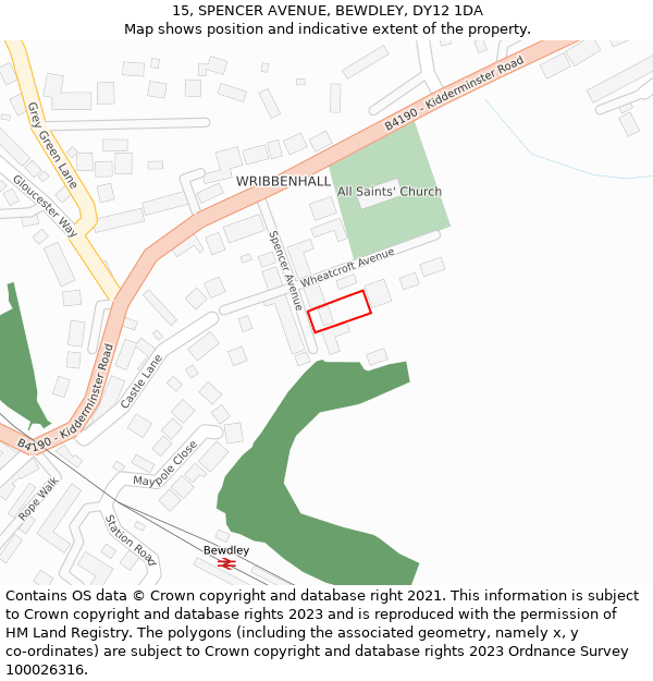 15, SPENCER AVENUE, BEWDLEY, DY12 1DA: Location map and indicative extent of plot