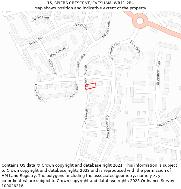 15, SPIERS CRESCENT, EVESHAM, WR11 2RU: Location map and indicative extent of plot