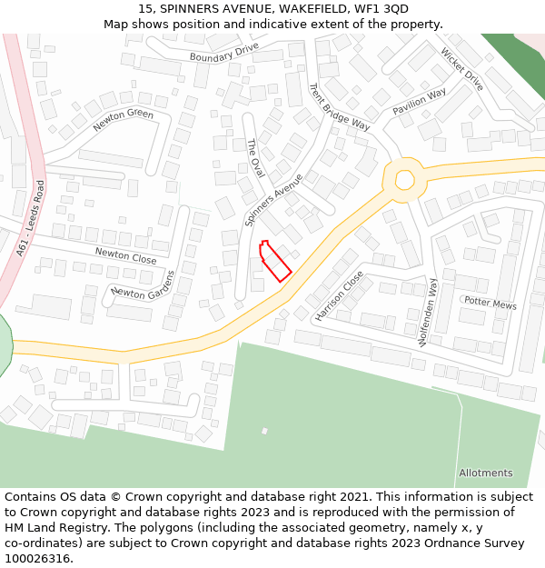 15, SPINNERS AVENUE, WAKEFIELD, WF1 3QD: Location map and indicative extent of plot