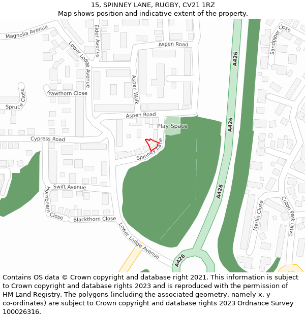 15, SPINNEY LANE, RUGBY, CV21 1RZ: Location map and indicative extent of plot