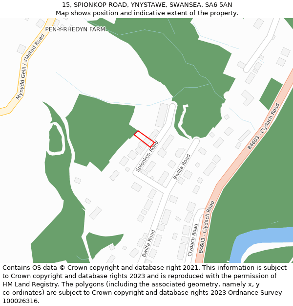 15, SPIONKOP ROAD, YNYSTAWE, SWANSEA, SA6 5AN: Location map and indicative extent of plot