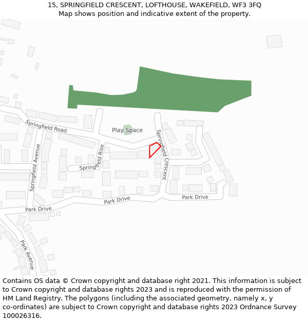 15, SPRINGFIELD CRESCENT, LOFTHOUSE, WAKEFIELD, WF3 3FQ: Location map and indicative extent of plot