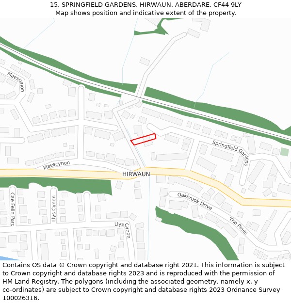 15, SPRINGFIELD GARDENS, HIRWAUN, ABERDARE, CF44 9LY: Location map and indicative extent of plot