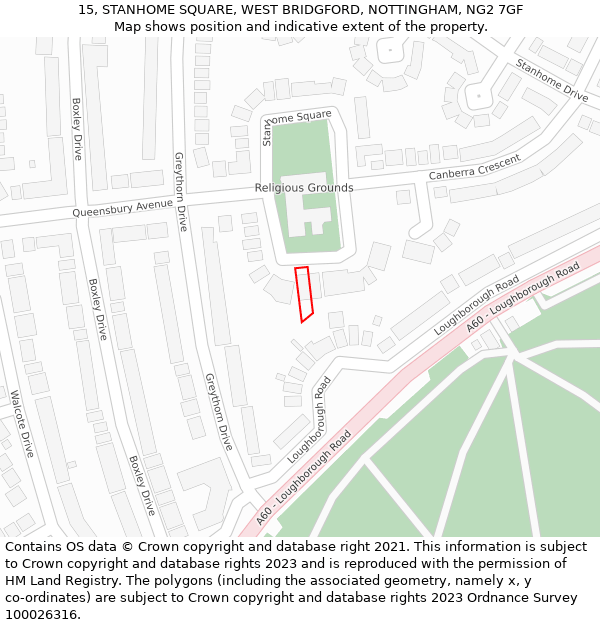 15, STANHOME SQUARE, WEST BRIDGFORD, NOTTINGHAM, NG2 7GF: Location map and indicative extent of plot