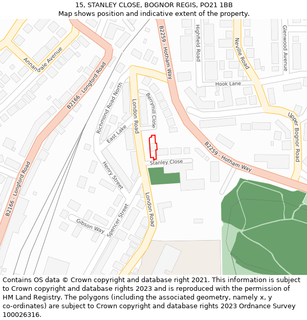 15, STANLEY CLOSE, BOGNOR REGIS, PO21 1BB: Location map and indicative extent of plot