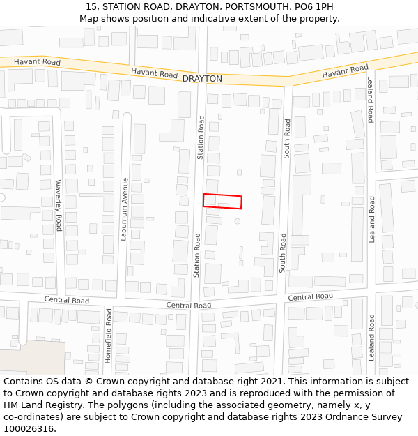 15, STATION ROAD, DRAYTON, PORTSMOUTH, PO6 1PH: Location map and indicative extent of plot